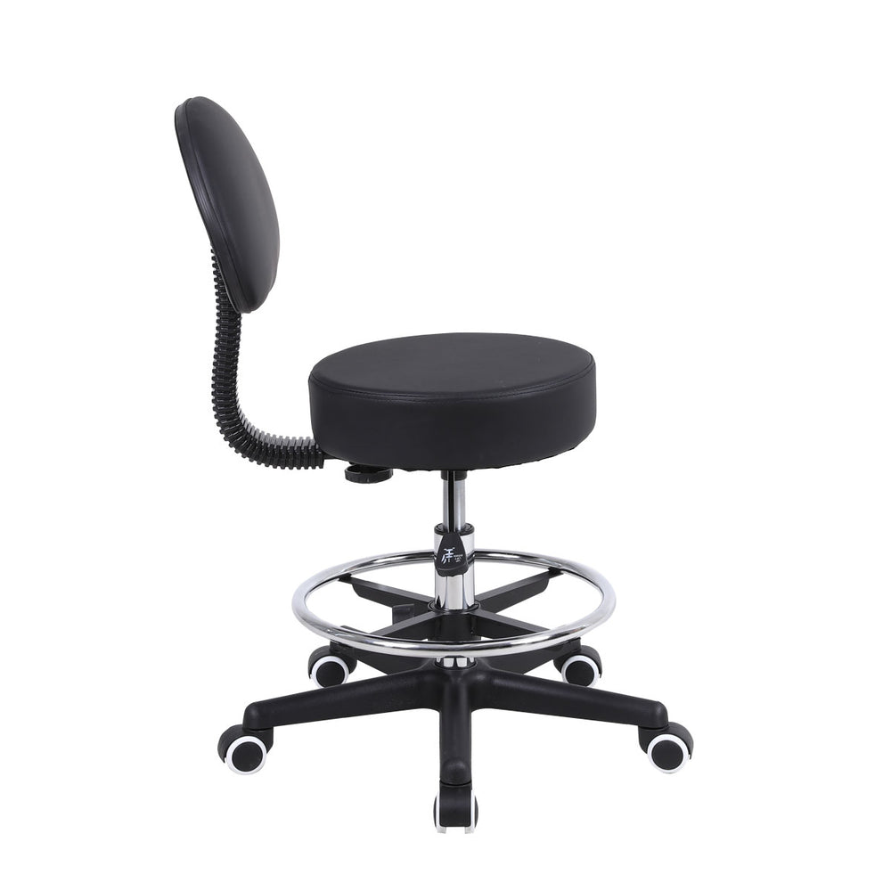Height Adjustable Stool with Backrest & Wheels - Black
